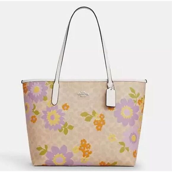 NWT ❤️ COACH City Tote Bag Signature Canvas With Floral Print CBG71 Silver/Sand - Picture 1 of 9